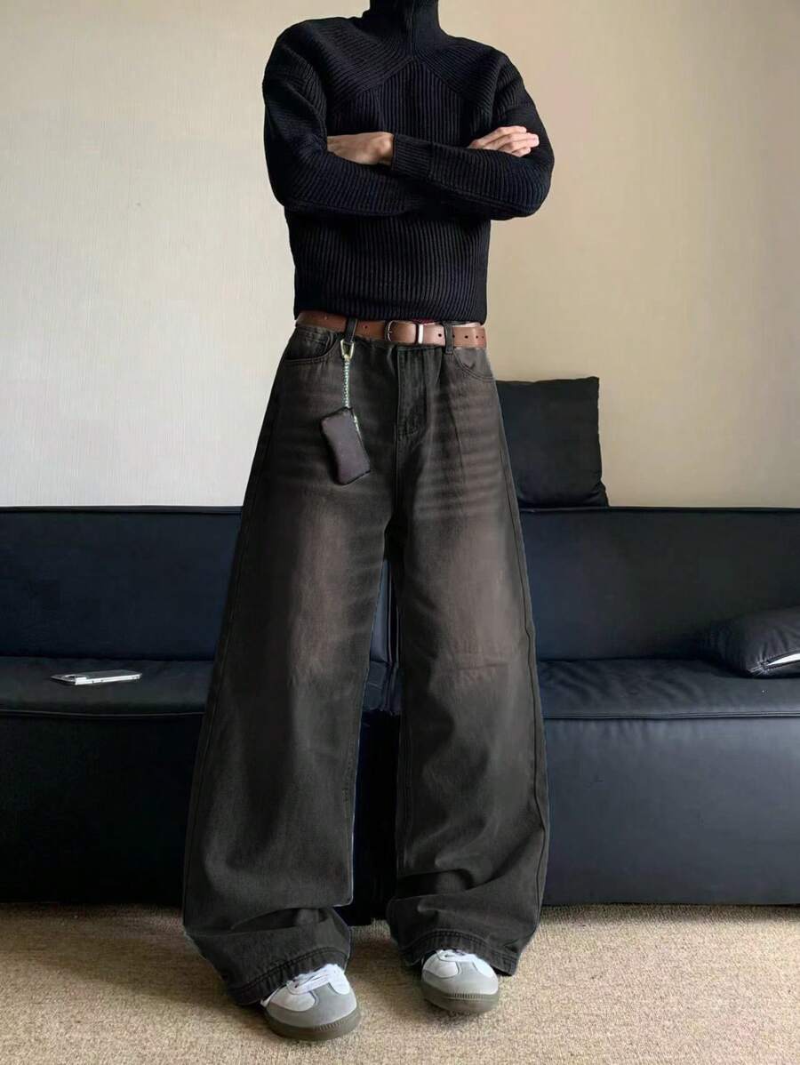 1pc Casual Fashion Versatile High-Quality Washed Distressed Men's Loose Wide-Leg Jeans (Product Does Not Include Belt And Accessories)