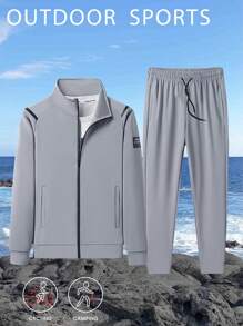 Casual Sports Set - Men's Spring & Summer Stand Collar Sweatshirt With Reflective Strip, Sweatpants