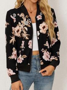 1pc Floral Print Lightweight Women Casual Bomber Jacket, Spring/Summer/Autumn, Fashion Baseball Jacket With Zipper, No Lining