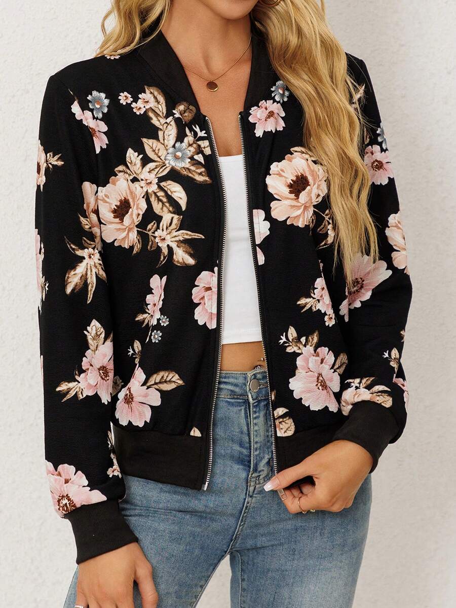 1pc Floral Print Lightweight Women Casual Bomber Jacket, Spring/Summer/Autumn, Fashion Baseball Jacket With Zipper, No Lining