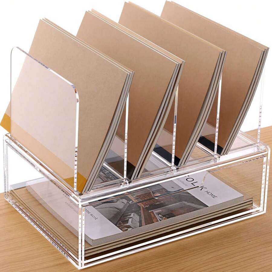 Acrylic Office Desk File Folder Organizers And Accessories, Paper Document Letter Tray Organization Sorter With Drawer, Clear 4 Sections Upright Home School Storage Supplies Holder - 1 Pack - White - View 1