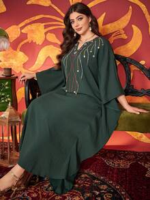 Plus Size Women V-Neck Elegant Beaded Arabic Style Dress - Dark Green - View 7