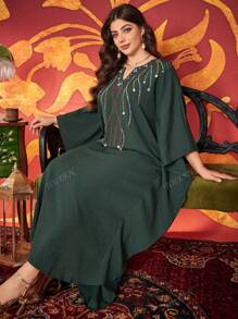 Plus Size Vrouwen V-hals Elegante Kralen Arabische Stijl Jurk