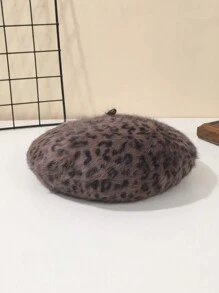 1 pièce Béret en tricot rétro sexy et moelleux avec imprimé léopard bicolore pour femme. Chaud pour l'automne, convient pour une sortie quotidienne et pour assortir - Imprimé léopard en peluche - Voir 9
