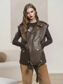 Women Sleeveless Faux Leather Jacket With Collar, Pockets And Belt, Fashionable Punk Style, Versatile, Suitable For New Year's Eve, Festive Occasions And Outings - Brown - View 1