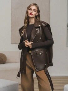 Women Sleeveless Faux Leather Jacket With Collar, Pockets And Belt, Fashionable Punk Style, Versatile, Suitable For New Year's Eve, Festive Occasions And Outings - Brown - View 2