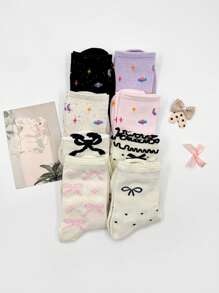 4 双女士蝴蝶结和星星印花中筒袜，时尚设计适合日常穿着