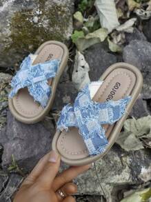 迷你手工木浆底木屐/凉鞋，舒适鞋底，防滑耐穿，时尚百搭儿童鞋，经典鞋底款式，轻便透气，夏季必备 - 藍色 - 查看 5