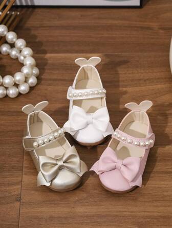 Girls' Princess Shoes, PU Bow Decor, Lace-Up, Pearl Accent, Fashion Versatile For Indoor & Outdoor Wear