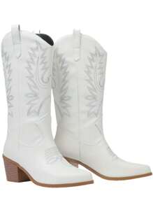 New Women Western Cowgirl Boots, Pointed Toe Embroidered Thick Heel Mid-Calf Fashion Boots White Boots For Women