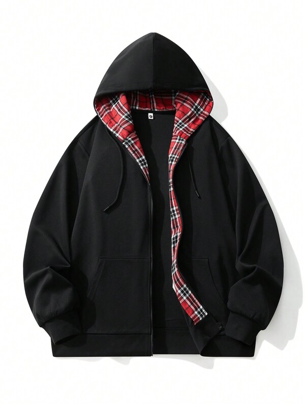 Chaqueta con capucha y forro a cuadros para hombres de talla grande, adecuada para primavera y otoño, estilo grunge