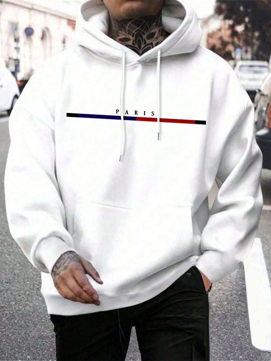 Men's Casual Fashionable Daily Versatile Simple Printed Kangaroo Pocket Drawstring Hoodie, Autumn/Winter - White - View 1