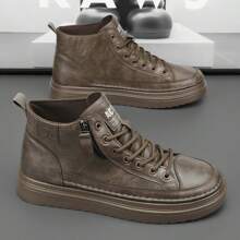 新款低帮男鞋冬季保暖内衬保暖冬鞋休闲皮鞋黑色皮革表面防水中帮靴男鞋 - 棕色 - 查看 1