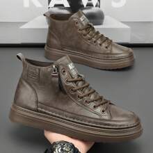 新款低帮男鞋冬季保暖内衬保暖冬鞋休闲皮鞋黑色皮革表面防水中帮靴男鞋 - 棕色 - 查看 2