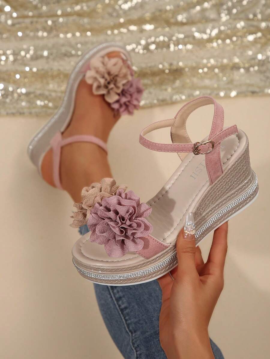 Sandali con zeppa spessa da donna, piattaforma impermeabile con decorazione floreale, adatti per abiti estivi