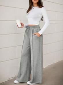 hoteel Women's High Waist Drawstring Wide Leg Sports Pants Wide Leg Casual Loose - 灰色 - 查看 4