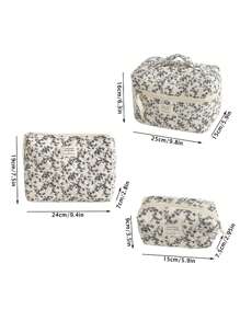 1 Pieza/Set Bolso de maquillaje estilo coreano con estampado floral diminuto negro y cordones decorativos Bolsa de almacenamiento grande y portátil multifuncional para cosméticos, cuidado de la piel, crema solar, esmalte de uñas, joyas, audífonos, artículos pequeños. Regalo ideal para damas de honor, cumpleaños, San Valentín, hermana, amante y amiga