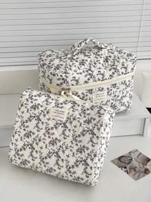 1 Pieza/Set Bolso de maquillaje estilo coreano con estampado floral diminuto negro y cordones decorativos Bolsa de almacenamiento grande y portátil multifuncional para cosméticos, cuidado de la piel, crema solar, esmalte de uñas, joyas, audífonos, artículos pequeños. Regalo ideal para damas de honor, cumpleaños, San Valentín, hermana, amante y amiga