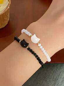 2pcs/Set Cute Cat Head Friendship Bracelets, Sweet Couples Braided Bracelets, Gift For Girlfriend, Bestfriend, Suitable For Men And Women, For Daily Wear, Anniversary, Holiday, Couple Gifts - 彩色 - 查看 2