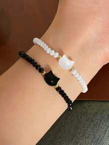 2pcs/Set Cute Cat Head Friendship Bracelets, Sweet Couples Braided Bracelets, Gift For Girlfriend, Bestfriend, Suitable For Men And Women, For Daily Wear, Anniversary, Holiday, Couple Gifts - 彩色 - 查看 1