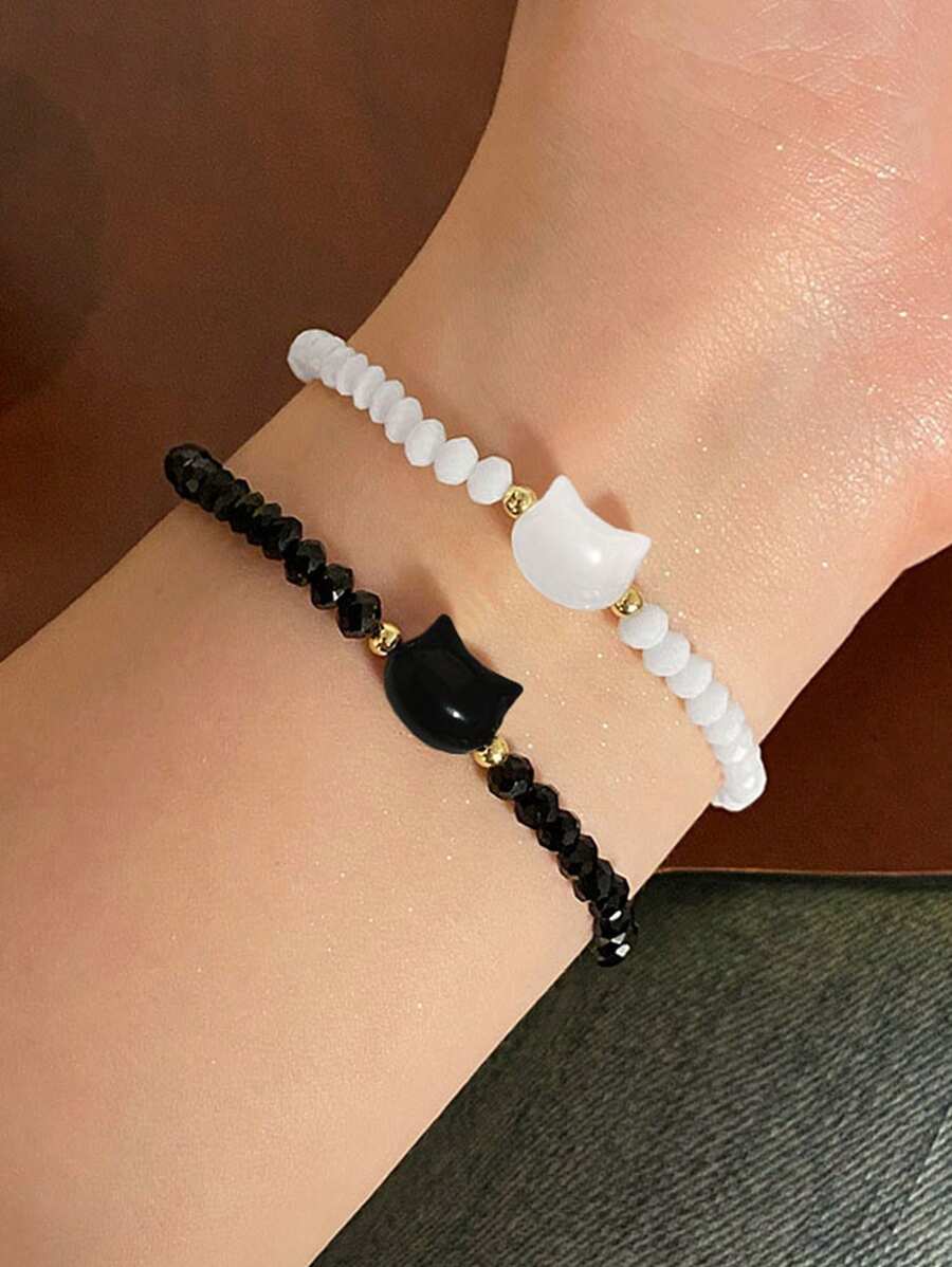 2pcs/Set Cute Cat Head Friendship Bracelets, Sweet Couples Braided Bracelets, Gift For Girlfriend, Bestfriend, Suitable For Men And Women, For Daily Wear, Anniversary, Holiday, Couple Gifts - 彩色 - 查看 1