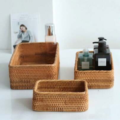 1pc/3pcs Rattan Storage Baskets, Snack & Fruit Organizer Boxes, Woven Rectangular Bread Tray, Home Desktop Countertop Decorative Baskets Valentine Day Sun Travel Cool