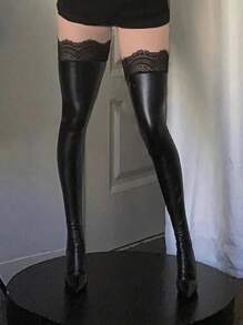 Hot Girl Sexy Black Leather Socks With Lace Edges And Foot Leather Socks - 黑色 - 查看 2