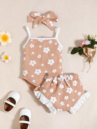 BrownBark Baby Girls 2 Pieces Set, Floral Print Sleeveless Bodysuit + Shorts, Casual Daily Outfit For Outdoor Activities, Spring/Summer