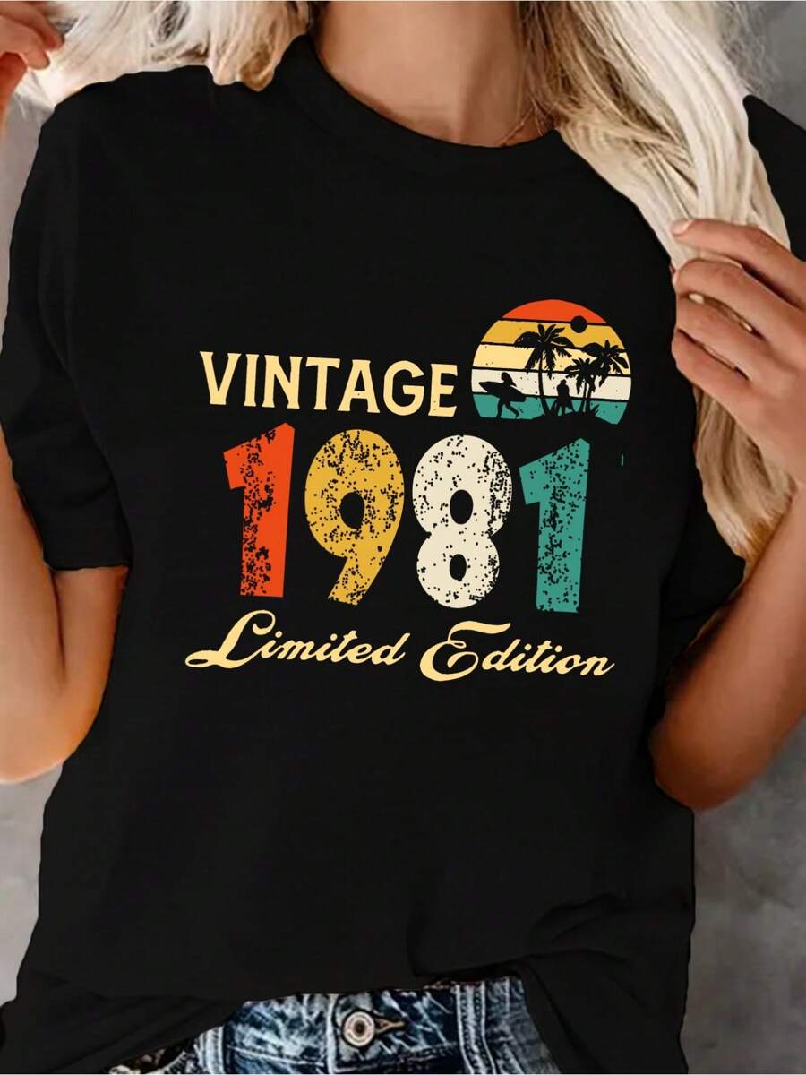 Vintage 1981 Print Crew Neck T-Shirt, Casual Short Sleeve Top For Spring & Summer, Women'S Clothing Print Round Neck Short Sleeve T-Shirt For Women Casual, Summer , Women Top Graphic Tees - 黑色 - 查看 1