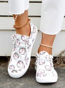 Mujer Primavera Nueva Mocasines planos de moda casual atléticos cómodos y ligeros con estampado de béisbol blanco, punta redonda y diseño slip-on, tallas grandes - Blanco - Ver 4