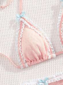 New Lace Trim Bowknot Decor Spaghetti Strap 2 Pieces Bikini Set, Women Fashion Summer Beach Vacation Swimwear