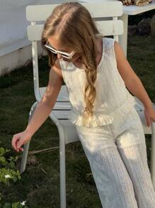 2pcs Young Girl Minimalist Elegant Style Solid Color Fringe Lace Camisole Top & Lace Pants Set, Summer - Beige - View 4