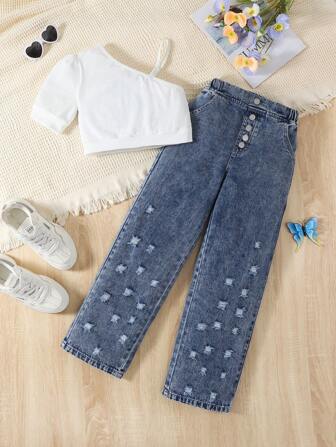 2 件套女孩街头风格落肩罗纹短款上衣和破洞牛仔裤，舒适时尚春夏