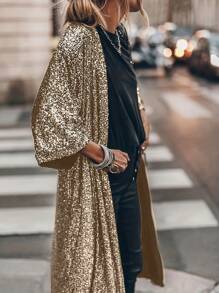 Chaqueta larga casual y versátil con mangas tipo murciélago y parches de lentejuelas - Champán - Ver 1