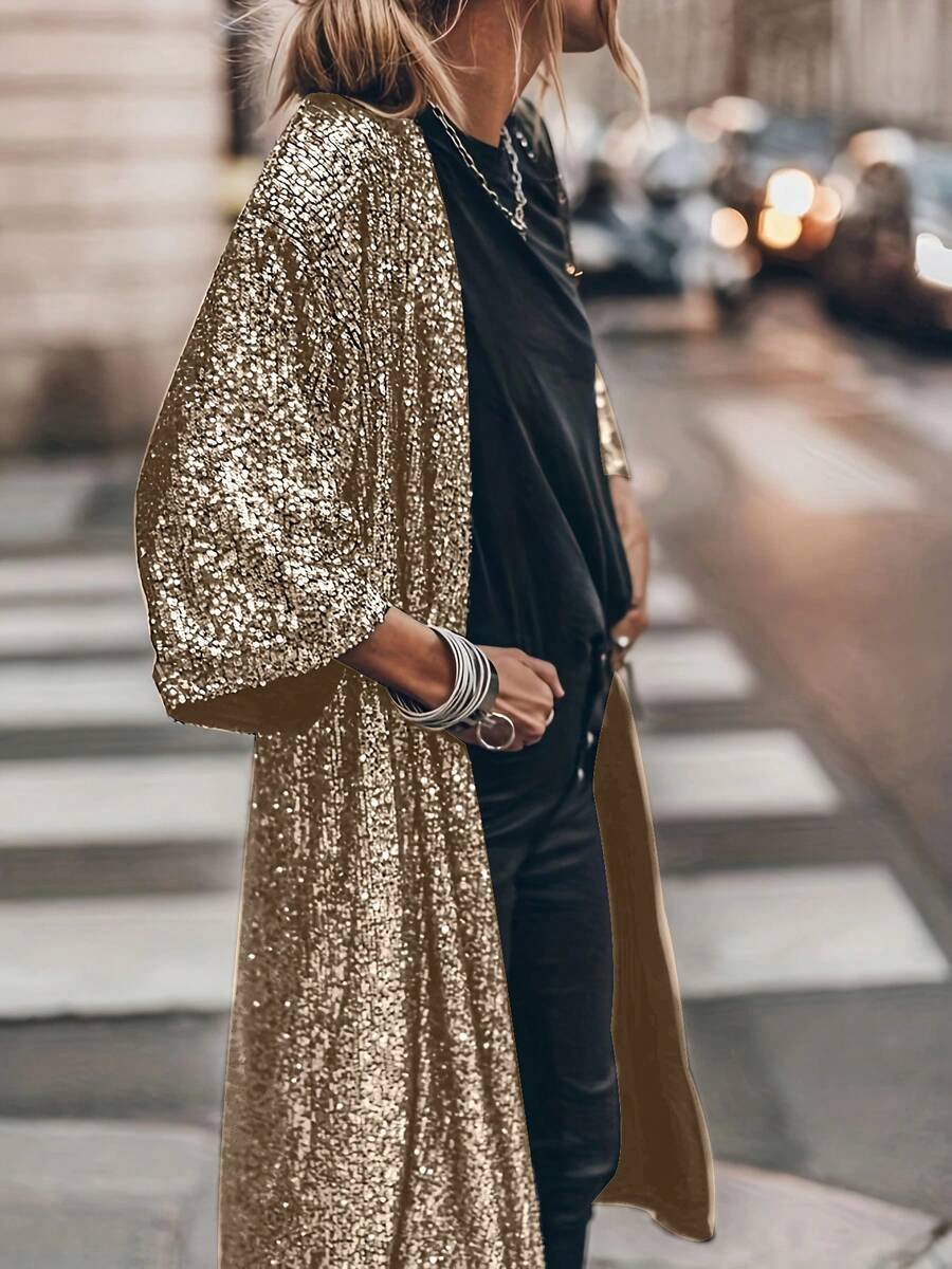 Chaqueta larga casual y versátil con mangas tipo murciélago y parches de lentejuelas - Champán - Ver 1
