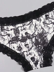 Dircho 3pcs Women Sexy Gothic Chic Contrast Lace Mid-Rise Bikinis - Contrast Lace, Allover Halloween S Skull & Skeleton Man Print, Comfortable Hipster Panties For Women - Halloween Lingerie & Underwear - Multicolor - View 3