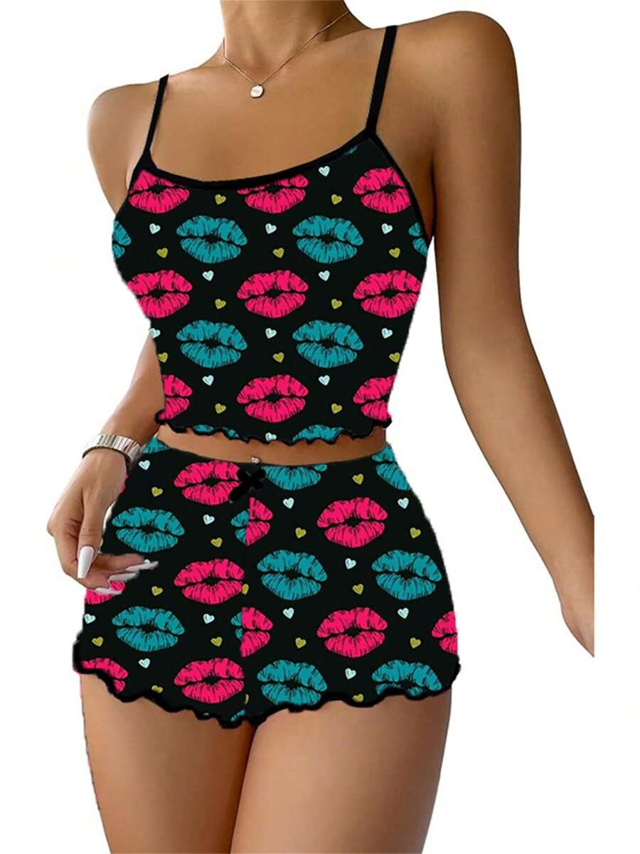 Conjunto de pijama de San Valentín para mujer con estampado de corazones/labios, camiseta corta escotada en la espalda y shorts de cintura alta para uso en el hogar, ropa de dormir suave - Verde - Ver 1