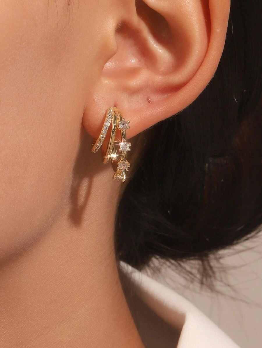 1pair Retro Geometric Copper Inlay Zirconia Asymmetric Earrings For Women - C-shaped Three-claw Earrings - View 1