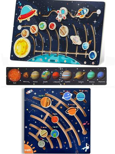 Movable Solar System Puzzle For Kids 3-6, Wooden Space Toys For Kids, Planets For Kids Preschool Learning Activities, Gift For Boys, Girls