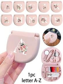 1pc Pink Sewing Tool Box With Pink Floral White Letters A-Z, Perfect Gift For Beginners Sewing: 1 Portable Mini Sewing Set - Foldable, Diy Sewing Supplies And Accessories, Suitable For Travelers And Emergency Clothing Fixators, Mini Needle Box Portable Small Needle Bag Sewing Tool Combination Set Hotel Supplies