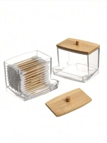 3/1pc Acrylic Qtip Holder With Bamboo Lid, Clear Small Swab Dispenser, Plastic Ear Stick Swabs Holder, Toothpick Storage Container, Bathroom Countertop Decorative Storage Organizer
