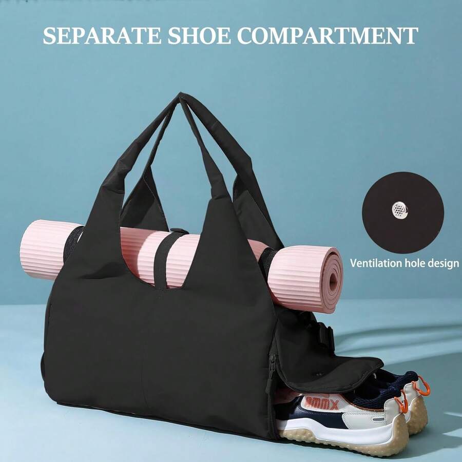 Large Capacity Gym Bag Travel Bag Yoga Bag, Dry And Wet Separation/With Shoe Compartment Yoga Bag With Yoga Mat Bag Handbag Women Men Travel Luggage Bag With Shoe Compartment Sports Fitness Handbag Weekender Bag Overnight Bag Yoga Mat Bag Swimming Canvas Striped Shoulder Bag Travel Office Beachwear - Black - View 1