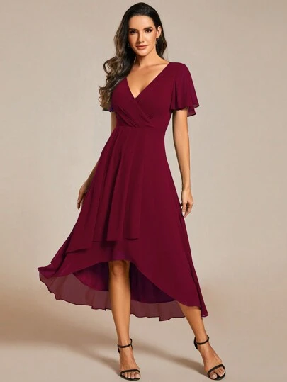 EVERPRETTY Elegant Ruffle Hem Contrast Color High-Low A-Line Midi Chiffon Burgundy Bridesmaid Dress, Wedding Guest Dress, Wedding Vacation Dress, Mother Of The Bride Dress