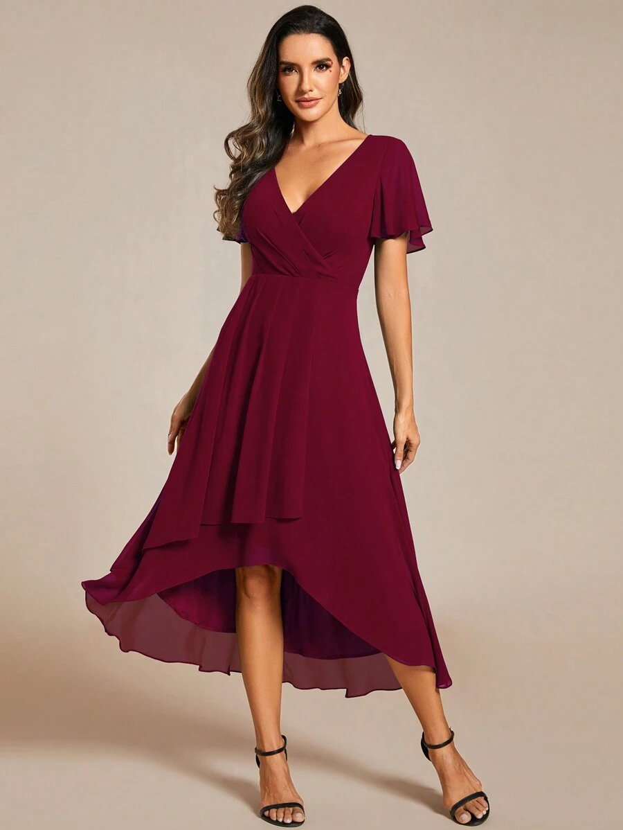 EVERPRETTY Elegant Ruffle Hem Contrast Color High-Low A-Line Midi Chiffon Burgundy Bridesmaid Dress, Wedding Guest Dress, Wedding Vacation Dress, Mother Of The Bride Dress Spring