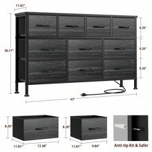 GIKPAL 10 Drawer Dresser For Bedroom, Dresser TV Stand With Power Outlets, Entertainment Center Chest Of Drawers For 55'' Long TV, Wide Fabric Dresser For Storage And Organization - Hạt gỗ đen - Xem 2