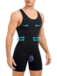 Slimming Mens Shapewear Bodysuit Tummy Control Abdomen Compression Body Shaper Thigh Slimmer Undershirt Underwear Jumpsuit Open Crotch - Black - View 1