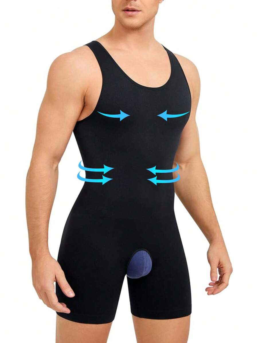 Slimming Mens Shapewear Bodysuit Tummy Control Abdomen Compression Body Shaper Thigh Slimmer Undershirt Underwear Jumpsuit Open Crotch - Black - View 1
