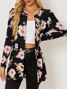 1pc Retro Floral Print Open Front Women Lightweight Jacket, Fashionable Elegant Floral Open Jacket For Spring And Summer Casual Home Office, Long Sleeve, Unlined