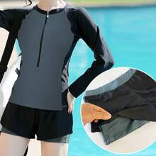 Bañador Mujer Split Protección Solar Secado Rápido Surf, Traje De Baño Deportivo Mujer Natación,Traje De Baño Con Manga Larga Mujer Protec Uv - negro y gris - Ver 6