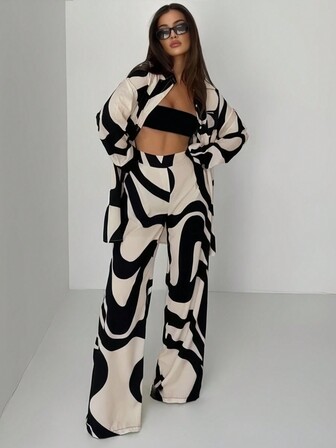 Women's Fashion Casual Color Block Print Long Sleeve Shirt And Pants Suit